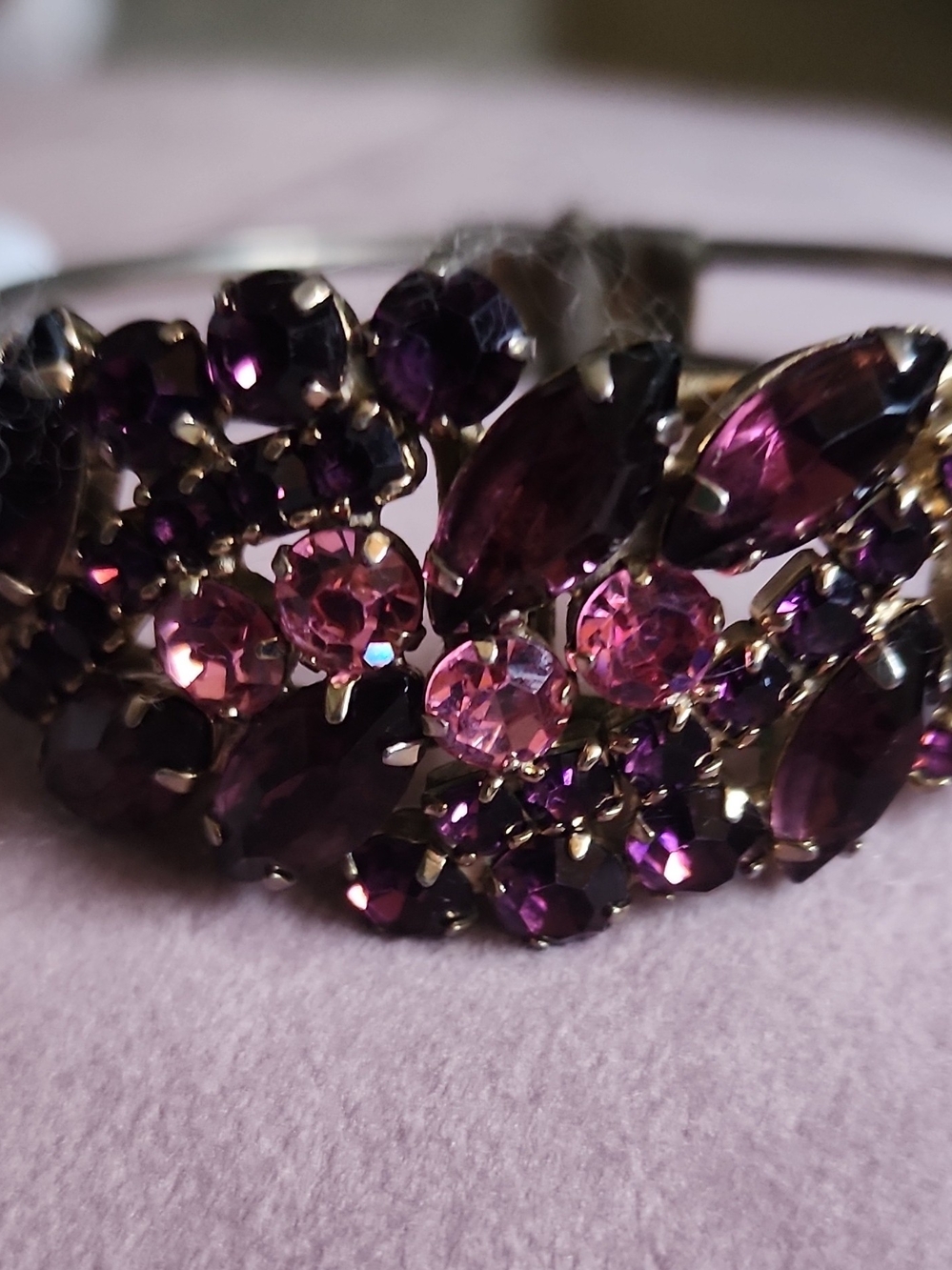 Vintage Gold-Tone Purple & Pink Crystal Cluster Bracelet